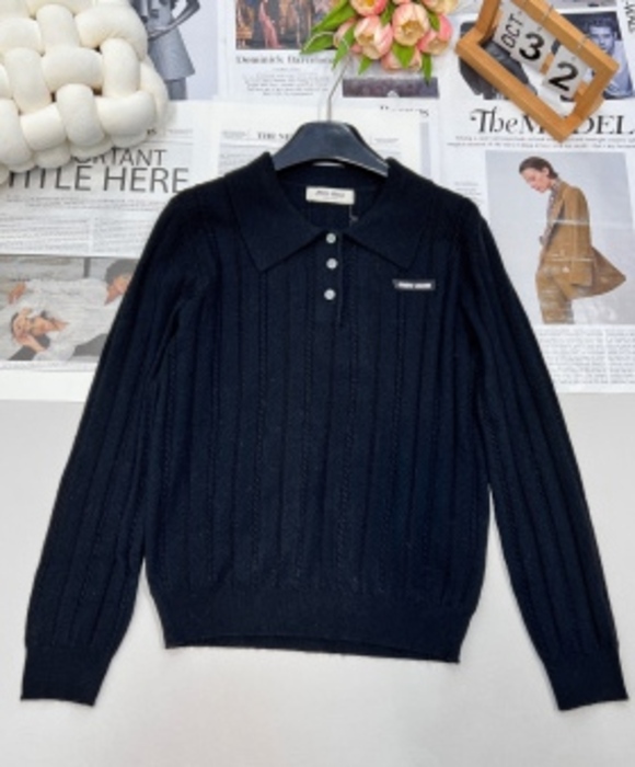 Miu Miu Tops - 🖤Miu Miu Black Ribbed‑Knit Polo Collar Long‑Sleeve Sweater
